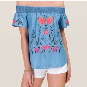 Francesca's Collections Light Blue Off-Shoulder Embroidered Top